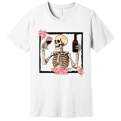 Halloween Funny Hallowine Floral Skeleton Drinking Wine Premium T-Shirt