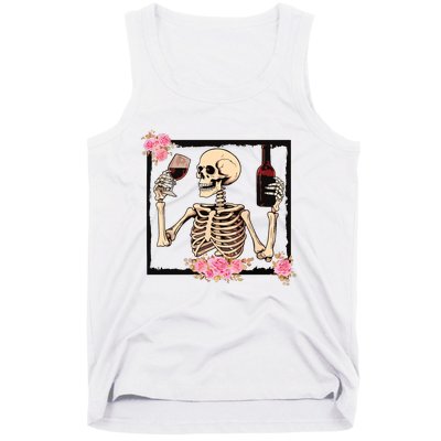 Halloween Funny Hallowine Floral Skeleton Drinking Wine Tank Top