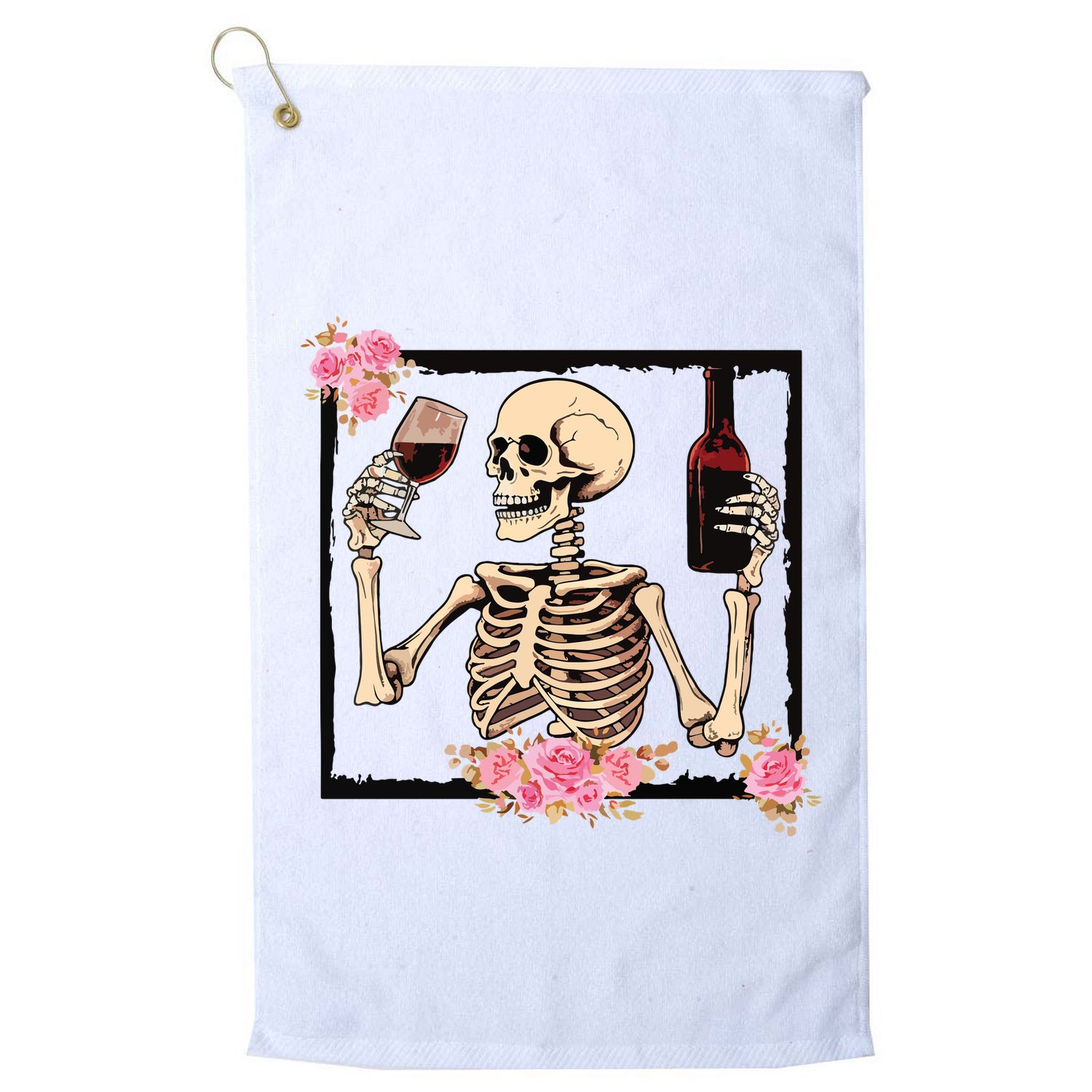 Halloween Funny Hallowine Floral Skeleton Drinking Wine Golf Towel