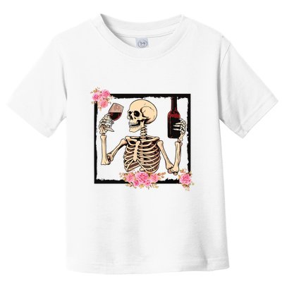 Halloween Funny Hallowine Floral Skeleton Drinking Wine Toddler T-Shirt