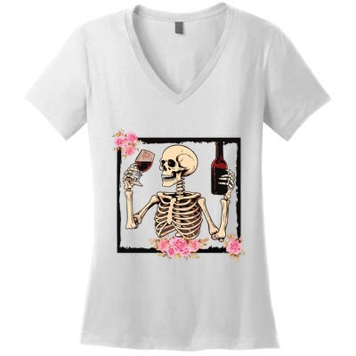 Halloween Funny Hallowine Floral Skeleton Drinking Wine Women's V-Neck T-Shirt