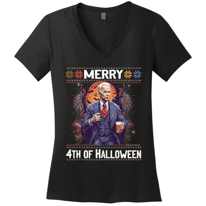 Halloween Funny Happy 4th Of July Anti Joe Biden Funny Biden Meme Women's V-Neck T-Shirt