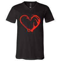 Heart Fishing Hook Valentines Day Cool Fisherman Angler V-Neck T-Shirt