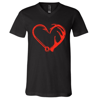 Heart Fishing Hook Valentines Day Cool Fisherman Angler V-Neck T-Shirt