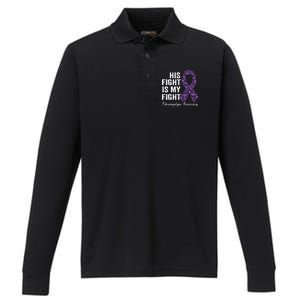 His Fight Is My Fight Purple Ribbon Fibromyalgia Awareness Gift Performance Long Sleeve Polo