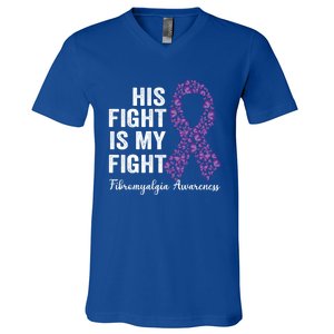 His Fight Is My Fight Purple Ribbon Fibromyalgia Awareness Gift V-Neck T-Shirt