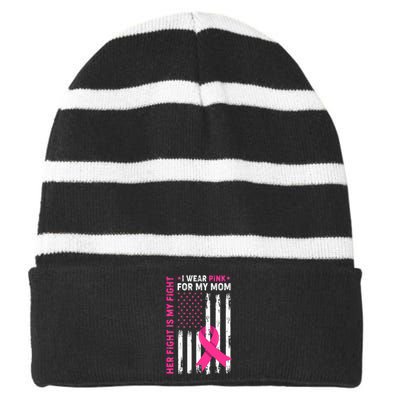 Her Fight Is My Fight I Wear Pink For My Mom Breast Cancer Striped Beanie with Solid Band