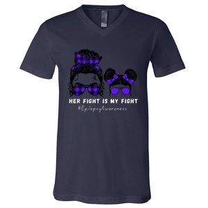 Her Fight Is My Fight | Epilepsy Survivor Purple Ribbon V-Neck T-Shirt