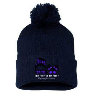 Her Fight Is My Fight | Epilepsy Survivor Purple Ribbon Pom Pom 12in Knit Beanie