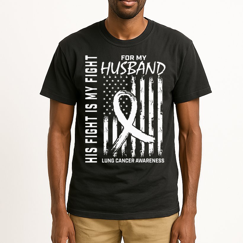 His Fight Is My Fight Husband Lung Cancer Awareness USA Flag Tall T-Shirt