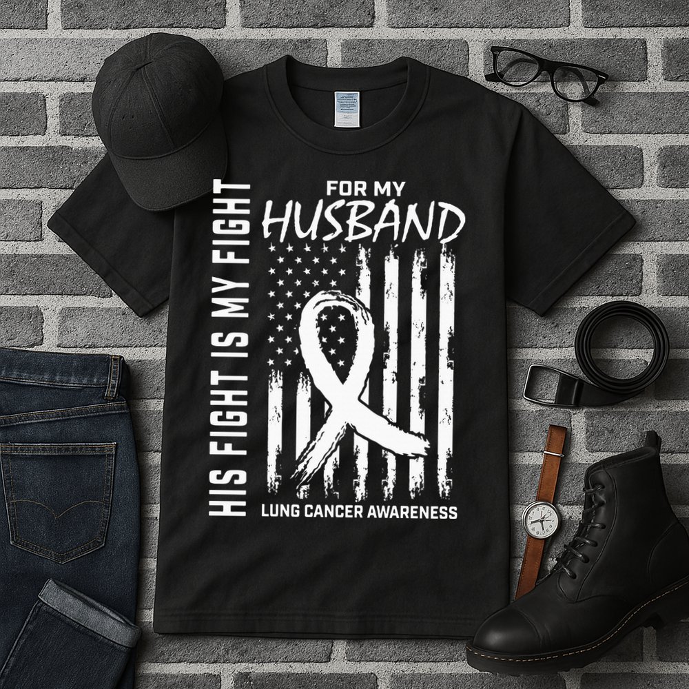His Fight Is My Fight Husband Lung Cancer Awareness USA Flag Tall T-Shirt