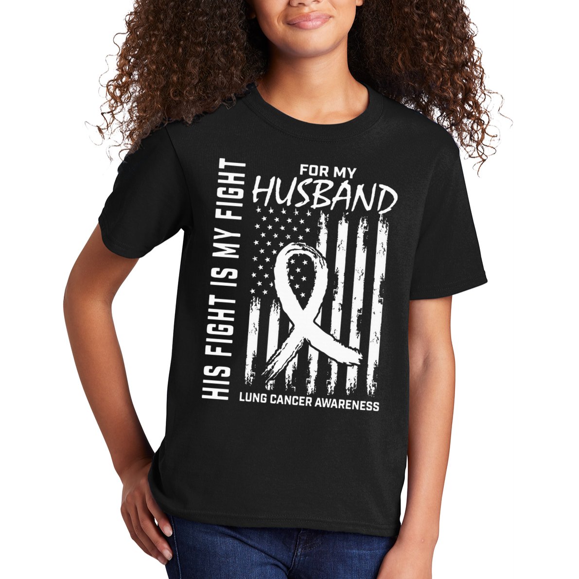 His Fight Is My Fight Husband Lung Cancer Awareness USA Flag Kids T-Shirt