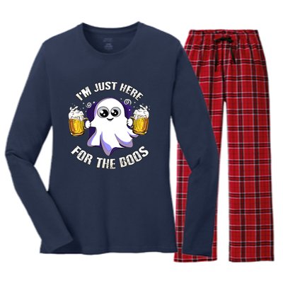 Halloween Funny I'm Just Here For The Boos Women's Long Sleeve Flannel Pajama Set 