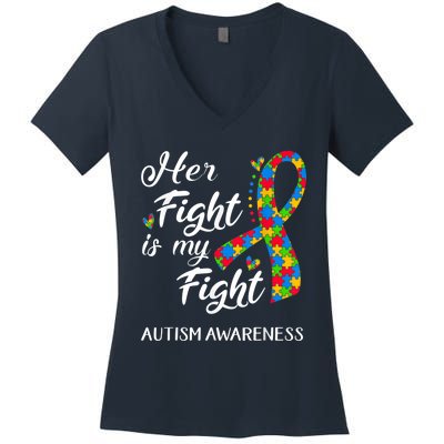 Her Fight Is My Fight Autism Awareness Month Plus Size Shirts Women's V-Neck T-Shirt