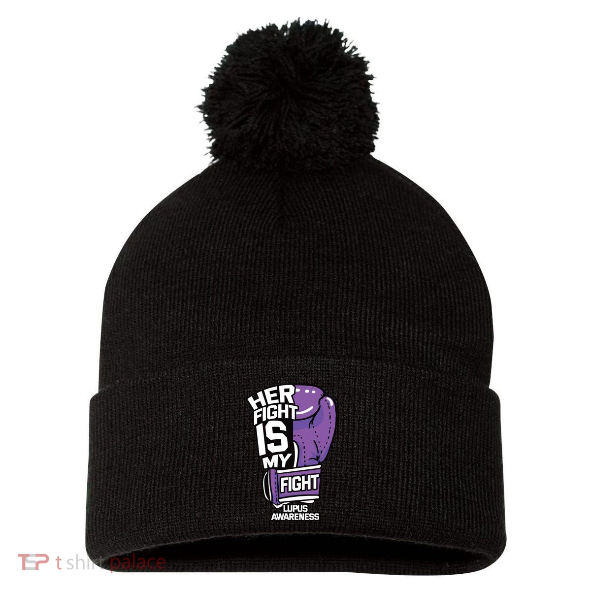 Her Fight Is My Fight Systemic Lupus Erythematosus Purple Pom Pom 12in Knit Beanie