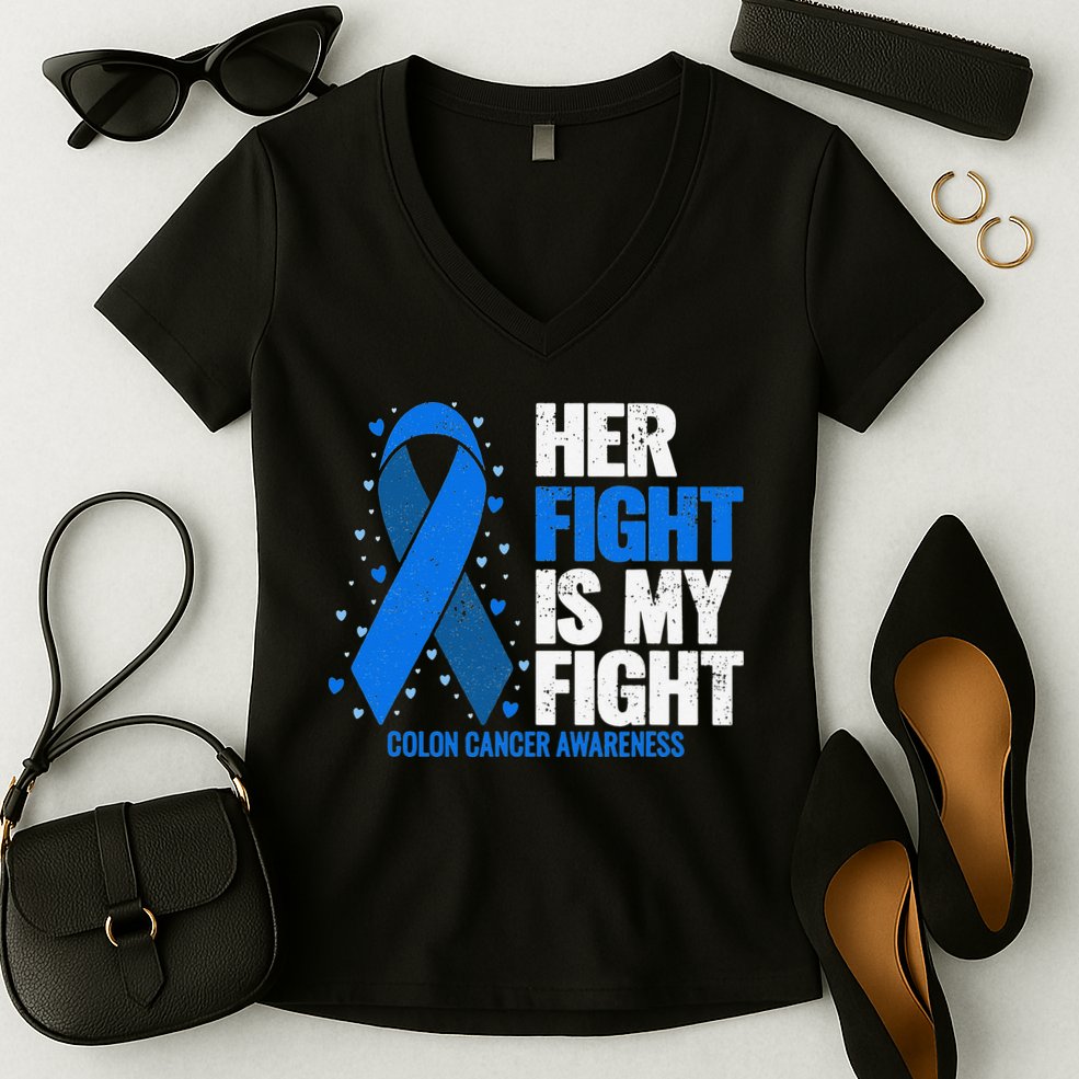 Her Fight Is My Fight Colon Cancer Awareness Women's V-Neck T-Shirt
