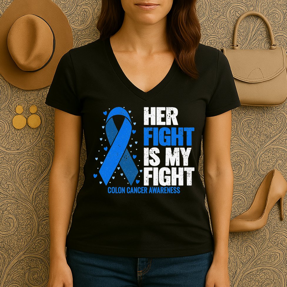 Her Fight Is My Fight Colon Cancer Awareness Women's V-Neck T-Shirt