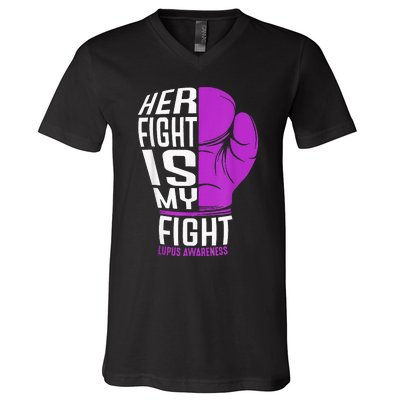 Her Fight Is My Fight SLE Lupus Awareness Purple Boxing V-Neck T-Shirt