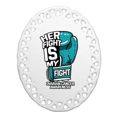 Her Fight Is My Fight Ovarian Cancer Awareness Teal Ribbon Ceramic Oval Ornament