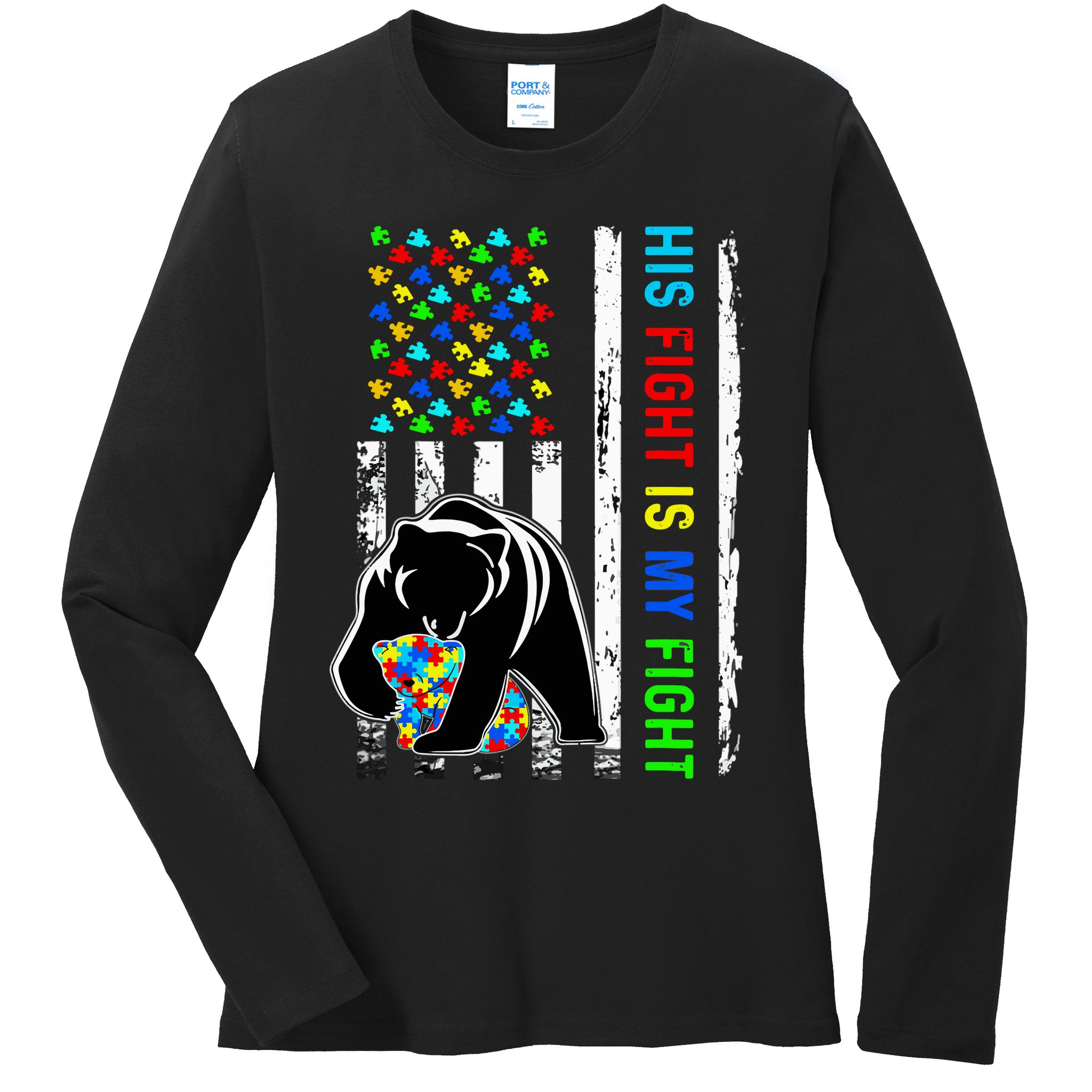 His Fight Is My Fight American Flag Puzzle Autism Awareness Ladies Long Sleeve Shirt