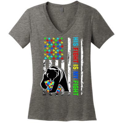 His Fight Is My Fight American Flag Puzzle Autism Awareness Women's V-Neck T-Shirt