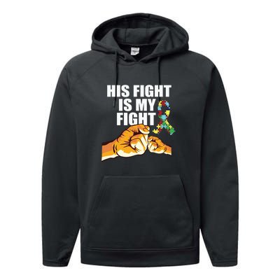 His Fight Is My Fight Autism Awareness Day Ribbon Puzzle Performance Fleece Hoodie