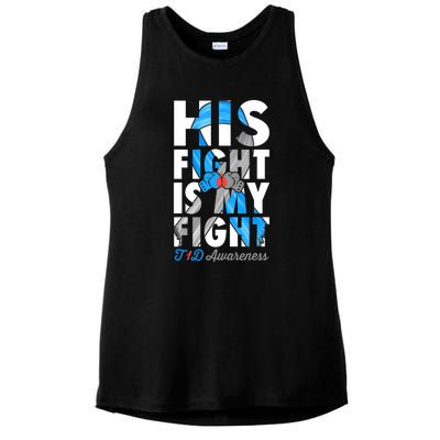 His Fight Is My Fight T1D Type 1 Diabetes Awareness Ribbon Ladies PosiCharge Tri-Blend Wicking Tank