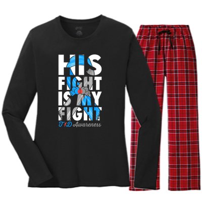 His Fight Is My Fight T1D Type 1 Diabetes Awareness Ribbon Women's Long Sleeve Flannel Pajama Set 