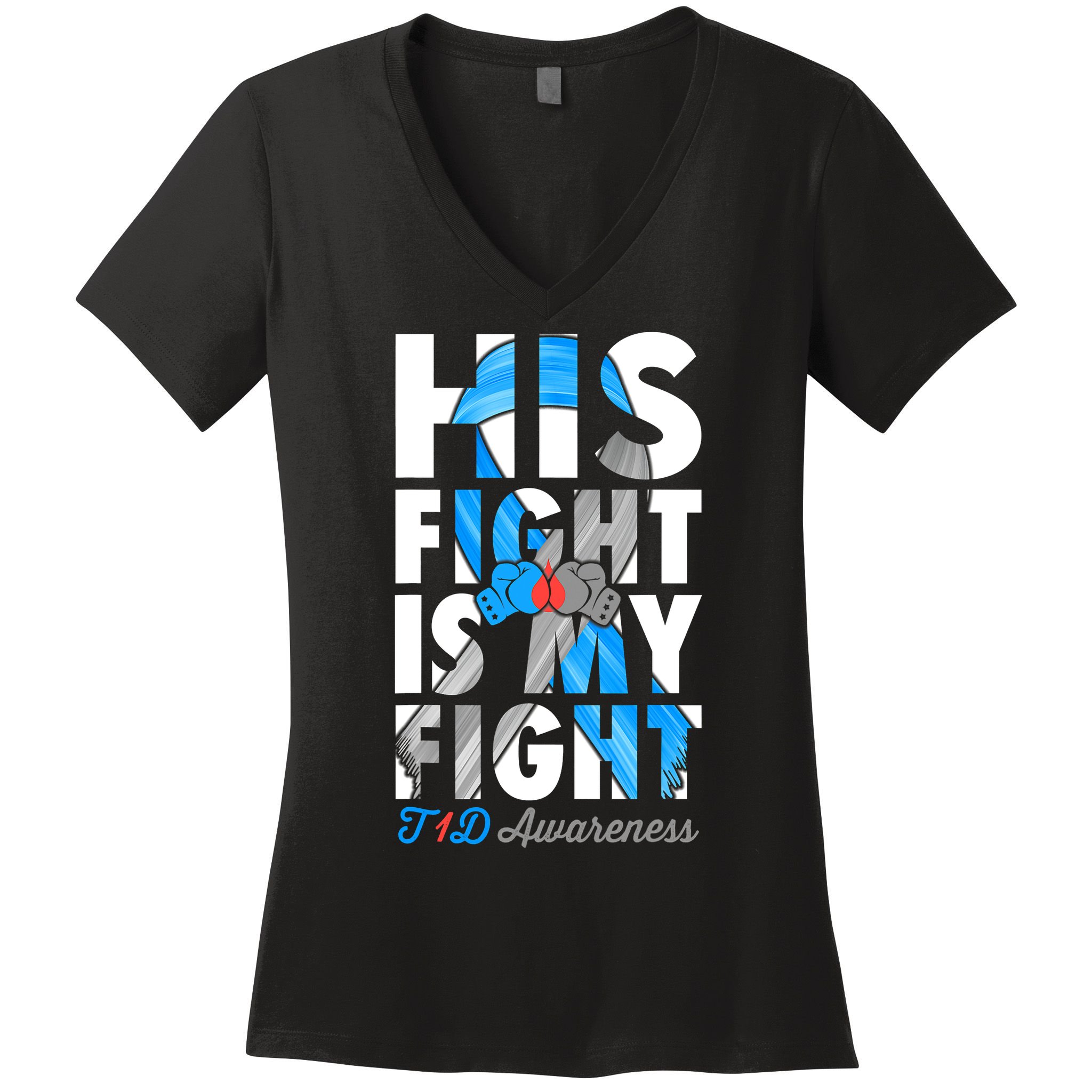 His Fight Is My Fight T1D Type 1 Diabetes Awareness Ribbon Women's V-Neck T-Shirt