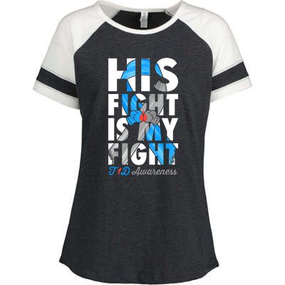 His Fight Is My Fight T1D Type 1 Diabetes Awareness Ribbon Enza Ladies Jersey Colorblock Tee