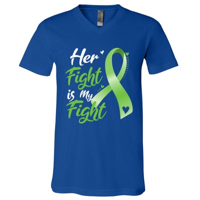 Her Fight Is My Fight Lymphoma Cancer Awareness Ribbon Mom Gift V-Neck T-Shirt