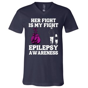 Her Fight Is My Fight Purple Ribbon Epilepsy Awareness V-Neck T-Shirt