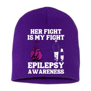 Her Fight Is My Fight Purple Ribbon Epilepsy Awareness Short Acrylic Beanie