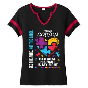 His Fight Is My Fight Blue Godson Autism Awareness Godmother Gift Ladies Halftime Notch Neck Tee