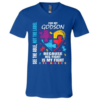 His Fight Is My Fight Blue Godson Autism Awareness Godmother Gift V-Neck T-Shirt