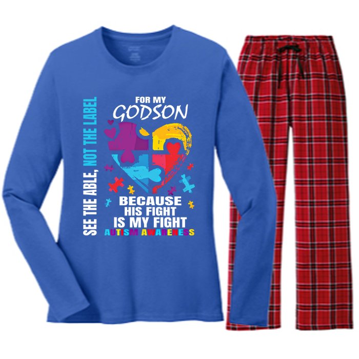 His Fight Is My Fight Blue Godson Autism Awareness Godmother Gift Women's Long Sleeve Flannel Pajama Set 