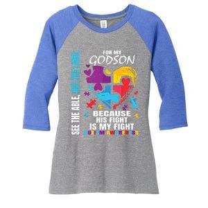 His Fight Is My Fight Blue Godson Autism Awareness Godmother Gift Women's Tri-Blend 3/4-Sleeve Raglan Shirt