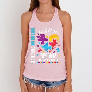 His Fight Is My Fight Blue Godson Autism Awareness Godmother Gift Women's Knotted Racerback Tank