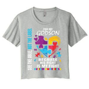 His Fight Is My Fight Blue Godson Autism Awareness Godmother Gift Women's Crop Top Tee