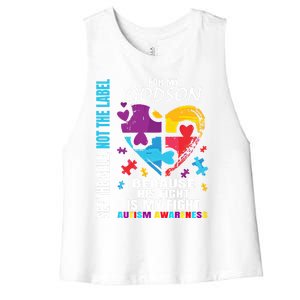 His Fight Is My Fight Blue Godson Autism Awareness Godmother Gift Women's Racerback Cropped Tank