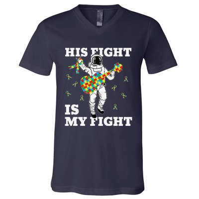 His Fight Is My Fight Astronaut Autism Awareness V-Neck T-Shirt