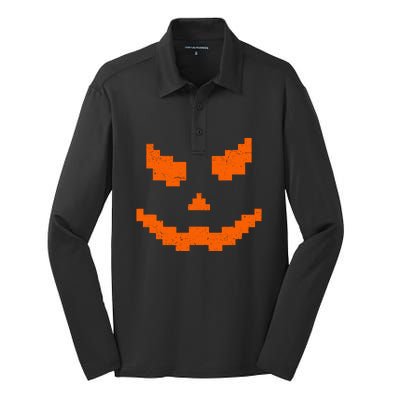 Halloween Funny Jack O Lantern Pumpkin Evil Smile Pixel Game Gift Silk Touch Performance Long Sleeve Polo