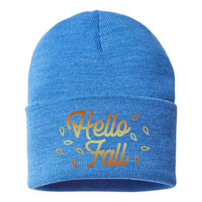 Hello Fall Leaves Typographic Gift Sustainable Knit Beanie