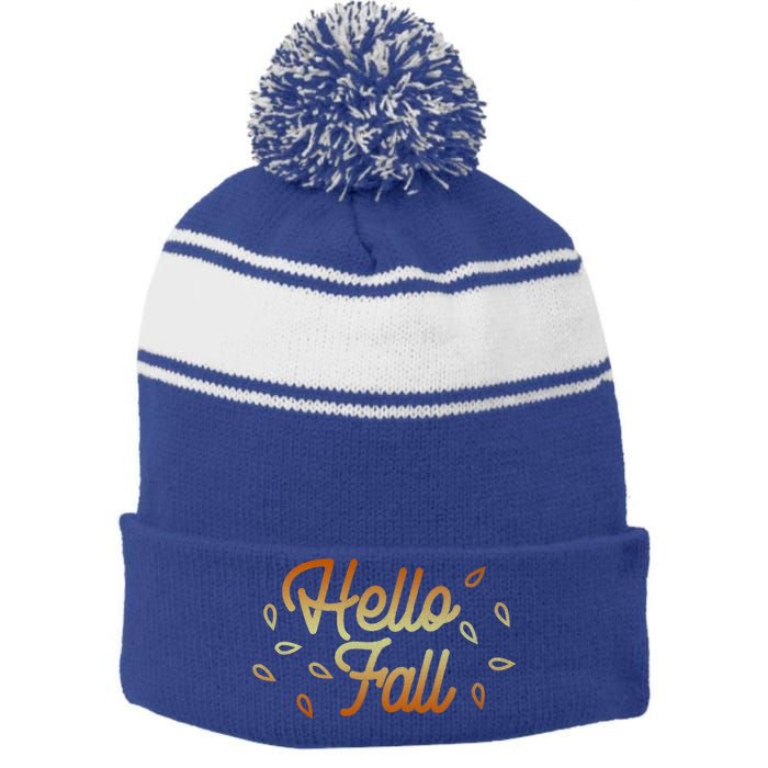 Hello Fall Leaves Typographic Gift Stripe Pom Pom Beanie