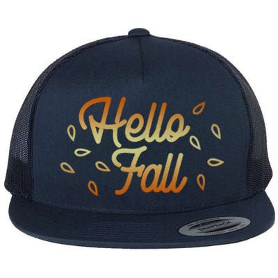 Hello Fall Leaves Typographic Gift Flat Bill Trucker Hat