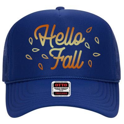 Hello Fall Leaves Typographic Gift High Crown Mesh Back Trucker Hat