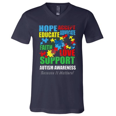 Hope Faith Love Ribbon Autism Awareness Women V-Neck T-Shirt