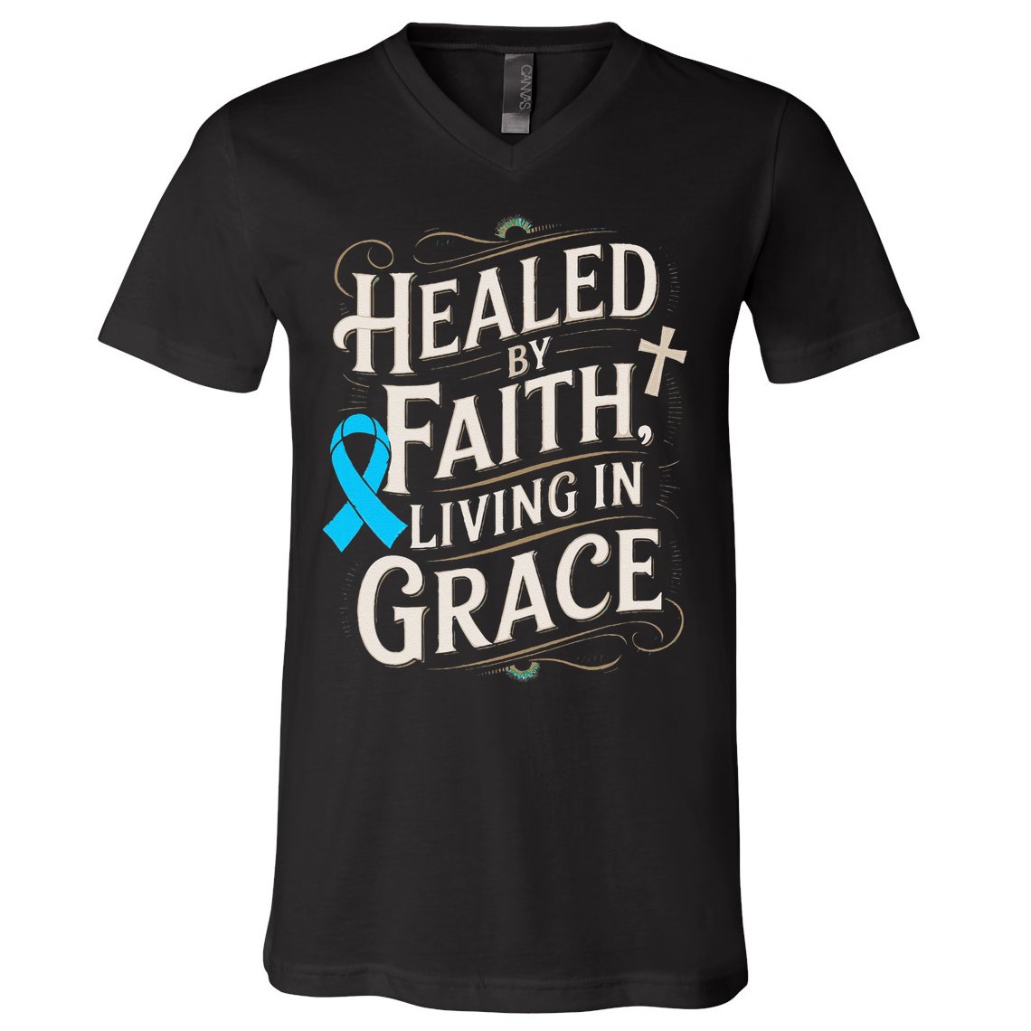 Healed Faith Living Grace Prostate Cancer Awareness V-Neck T-Shirt