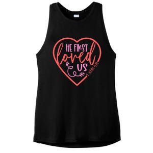 He First Loved Us Easter Christian Valentines Day Boy Ladies PosiCharge Tri-Blend Wicking Tank