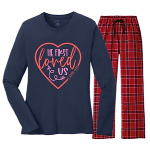 He First Loved Us Easter Christian Valentines Day Boy Women's Long Sleeve Flannel Pajama Set 